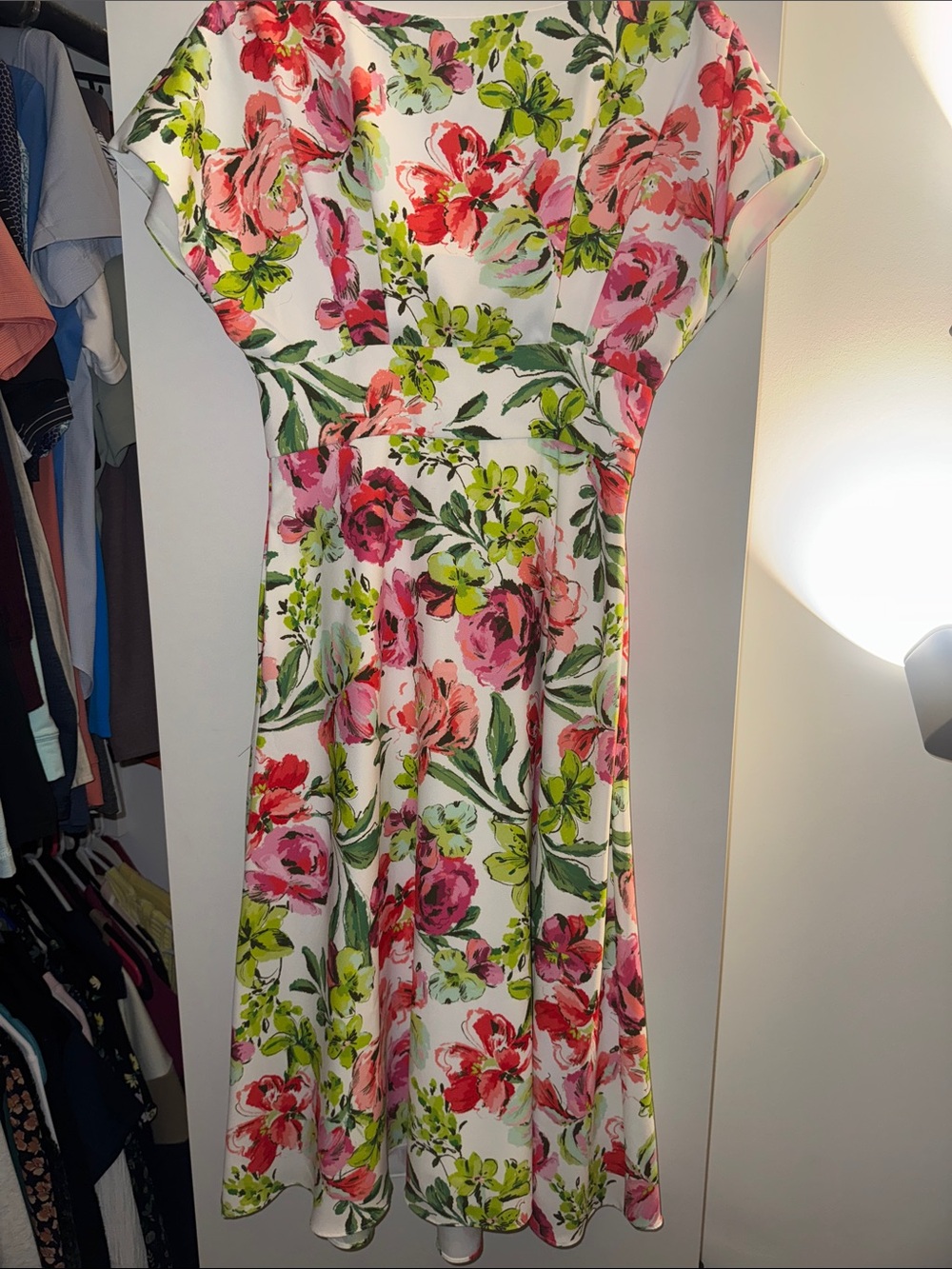 Floral A-Line Midi Dress in White with Pink & Green Print